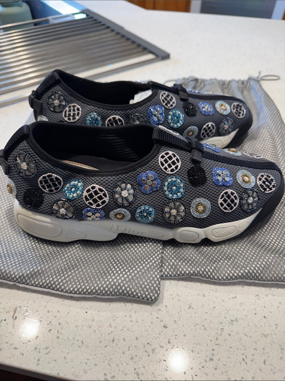 Dior Black Embellished Mesh Slip-On Sneakers